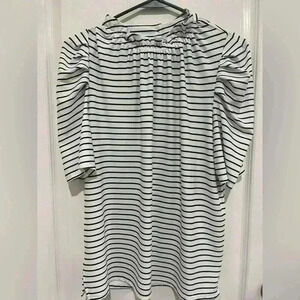 Adrianna Papell NWT new Womens Blouse medium white Black Stripe Ruffle Neck